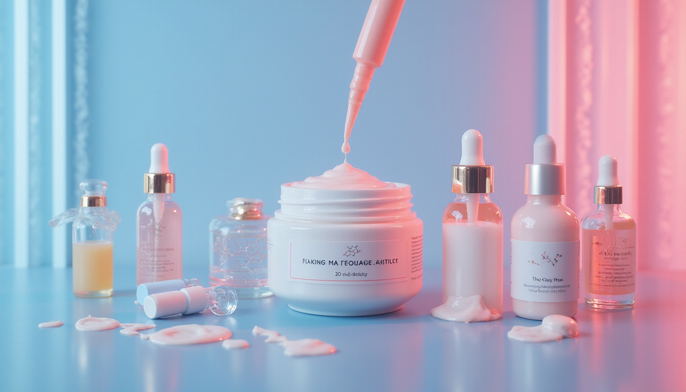  Clinical luxury lab scene with molecular formulas, pipettes, creamy texture droplets, elegant minimal packaging