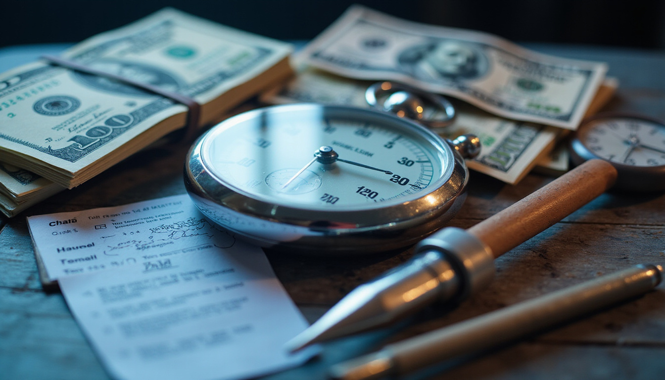  Infographic-style closeup: stopwatch, dollar bills, checklist, permit badge, tools, dramatic lighting
