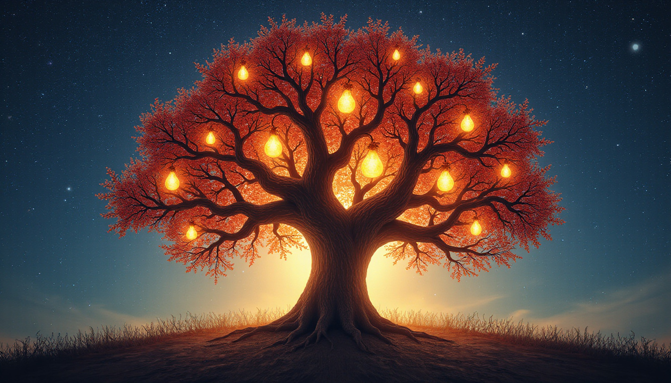  Ancient tree with unique glowing fruits labeled gifts; diverse people picking strengths, radiant background