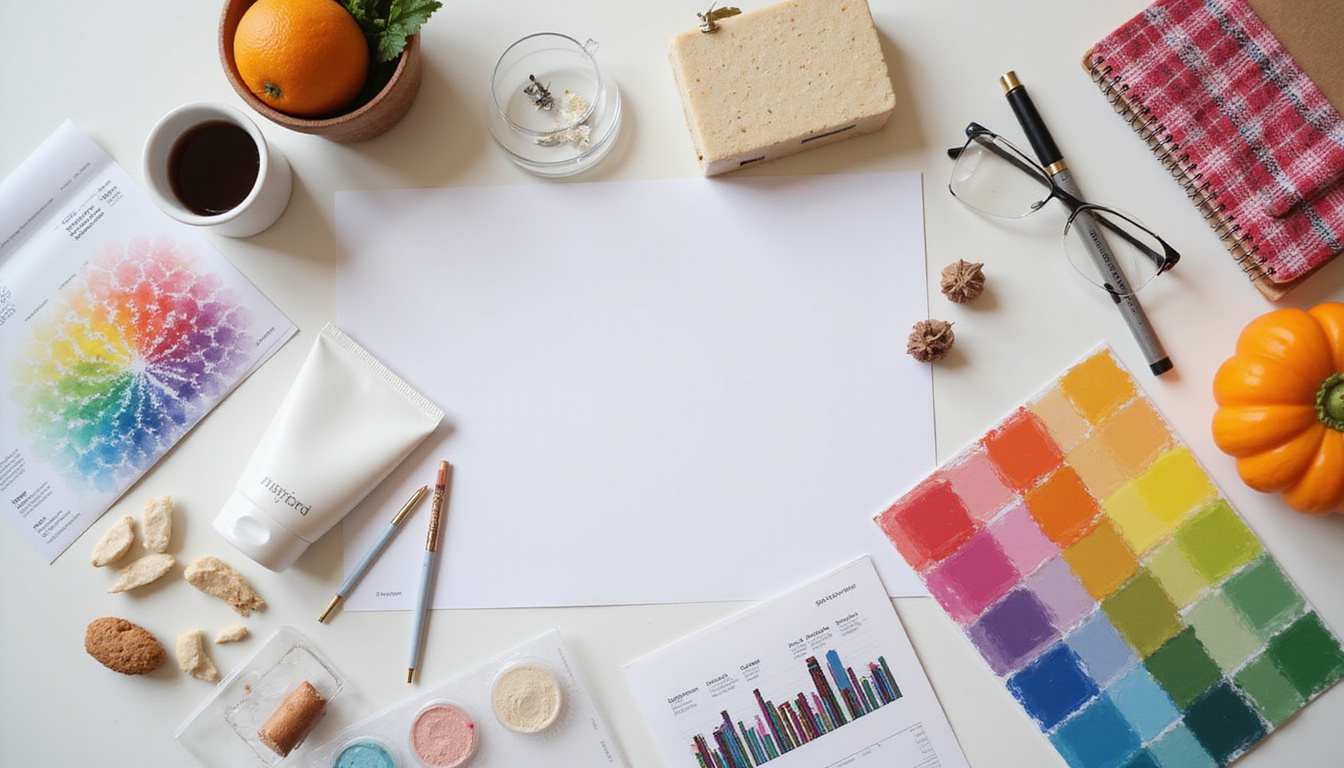  Flatlay of branded merchandise, mockups, color swatches, profit charts, sleek modern desktop