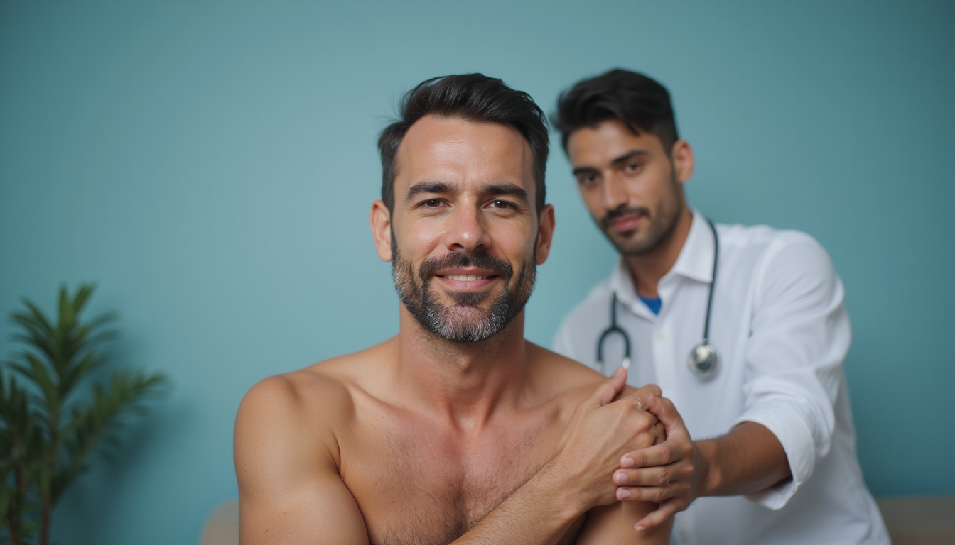  Athletic man receiving hands-on therapy, dynamic motion blur, pain relief expression, optimistic clinical setting