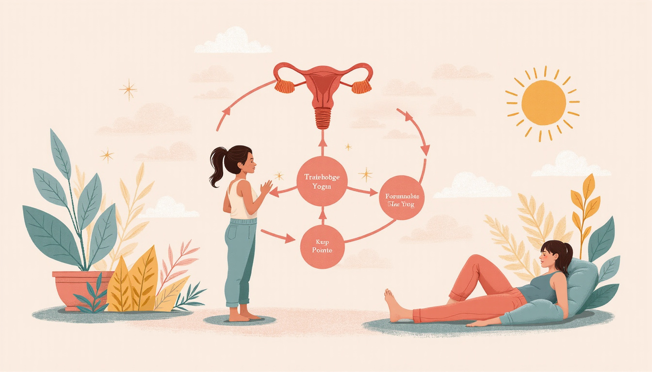  Illustrated hormone cycle diagram, soft pastel palette, recovery tips icons, yoga, sleep, sunlight