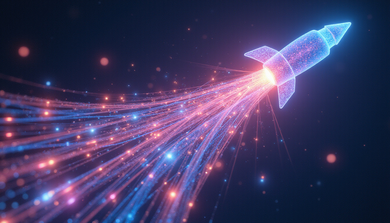 Futuristic holographic customer journey, colorful threads connecting diverse faces, rocket-shaped arrow ascending