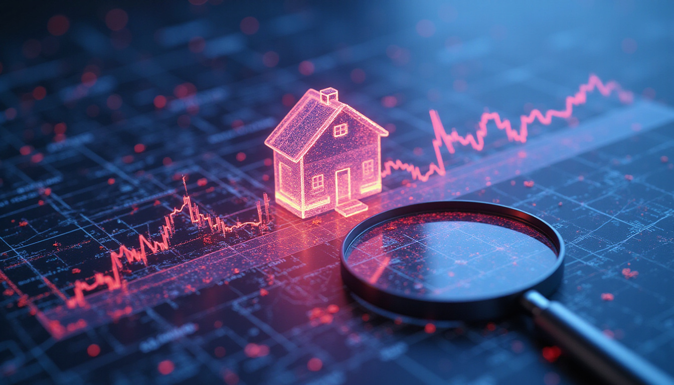 Futuristic HUD mortgage calculator overlay, floating interest rates, charts, neighborhood 3D map, magnifying glass