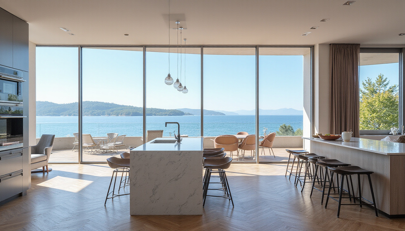  Open-plan interior, floor-to-ceiling windows, marble kitchen island, designer furniture, panoramic water views