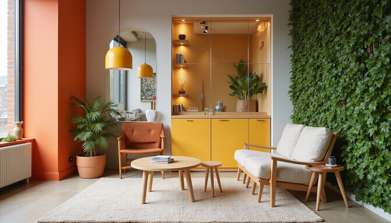  Magazine style studio interior featuring foldaway furniture, mirrored wall, vertical greenery, warm neutral palette