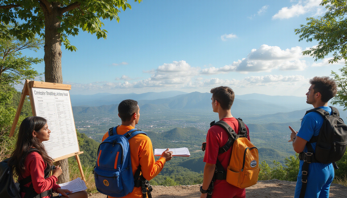  Beginner skydiving briefing scene: friendly crew, safety gear, price list board, tropical backdrop