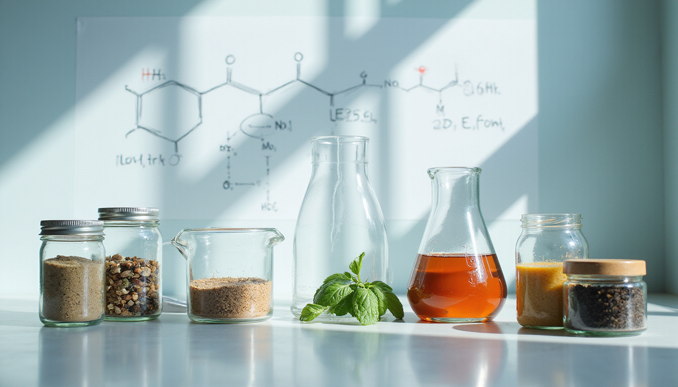  Laboratory still life: molecular diagrams, stainless steel beakers, sustainable ingredient jars, recycled packaging, soft natural light
