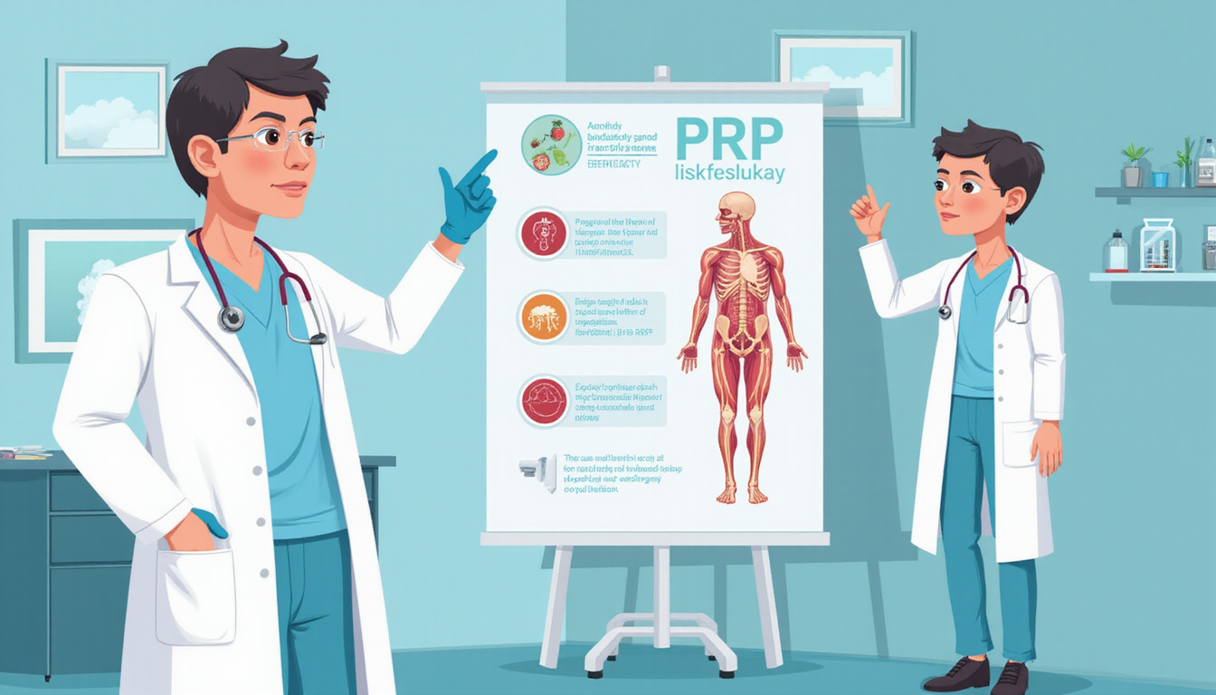  Informative infographic style scene showing PRP benefits and side effects, doctor pointing at anatomical chart
