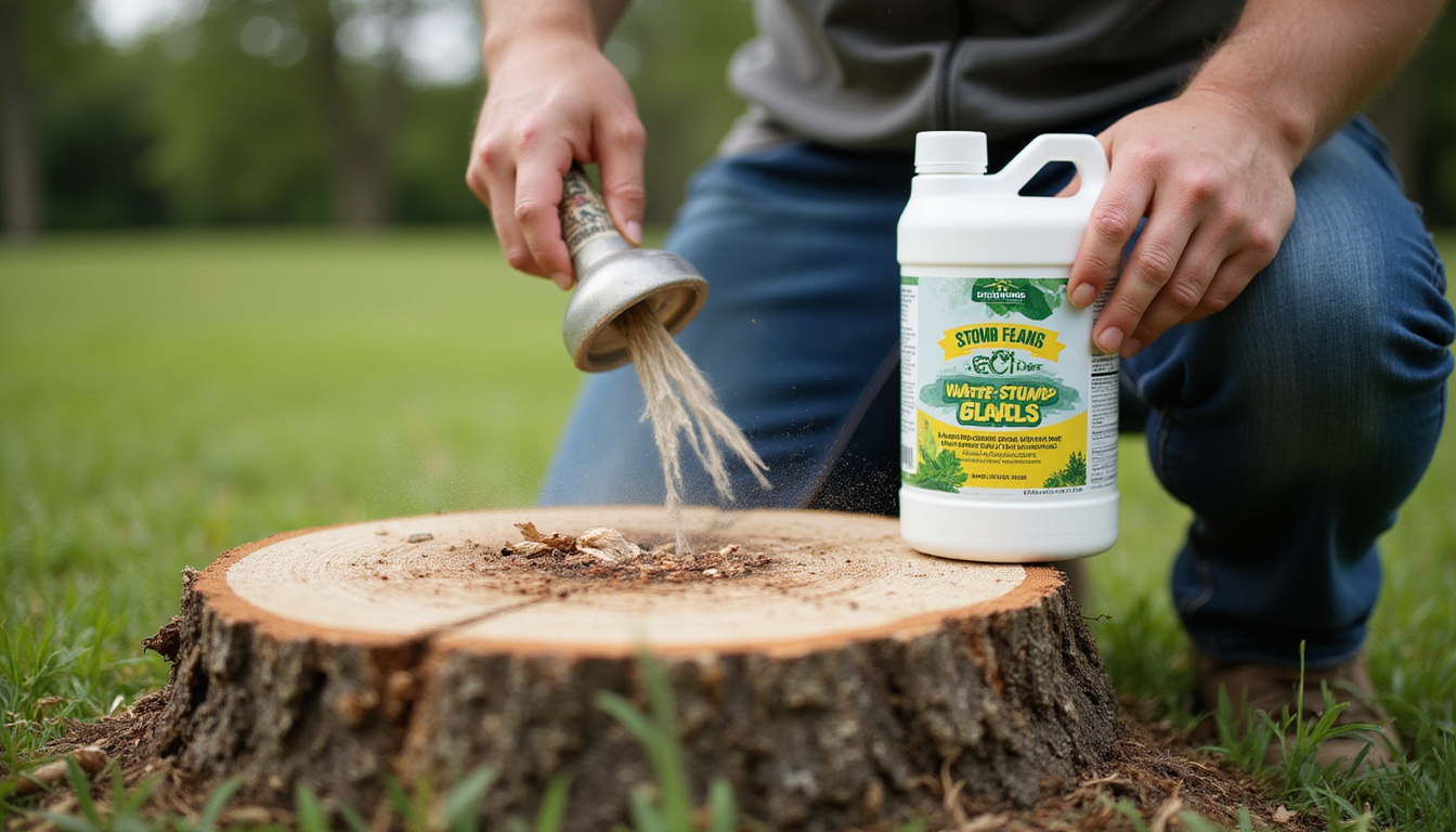 Rustic homeowner applying eco stump remover chemicals, labeled safe, close-up on roots