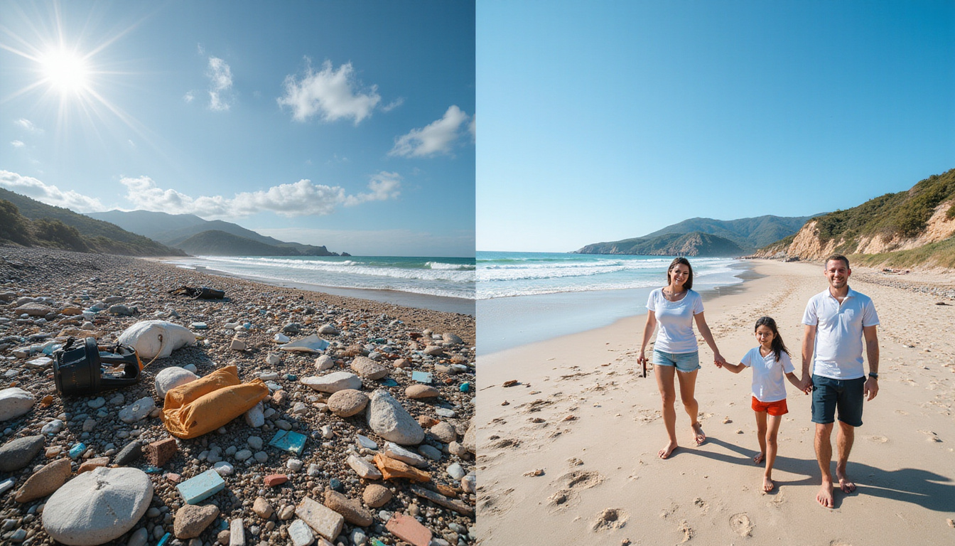  Before-and-after split image: cluttered beach full of debris transforming into pristine coastline, smiling community