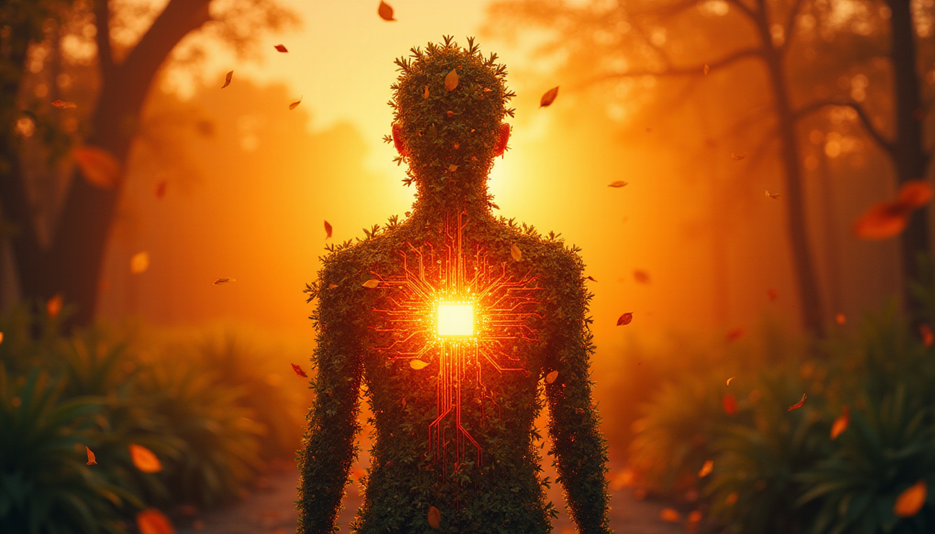 Human silhouette made of leaves and circuit traces, glowing reset button at heart, warm sunrise