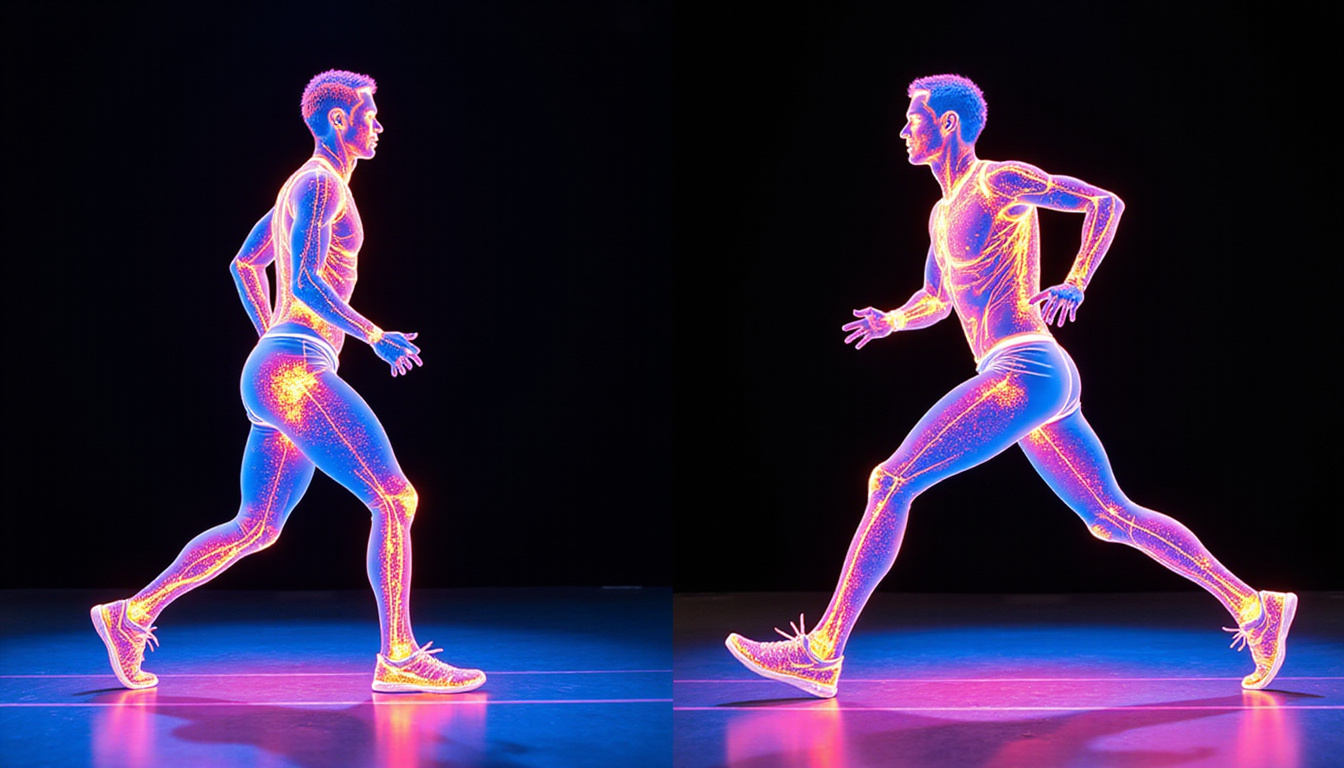  Split-screen gait analysis before and after, heatmaps, joint angles, explosive footwork, neon court