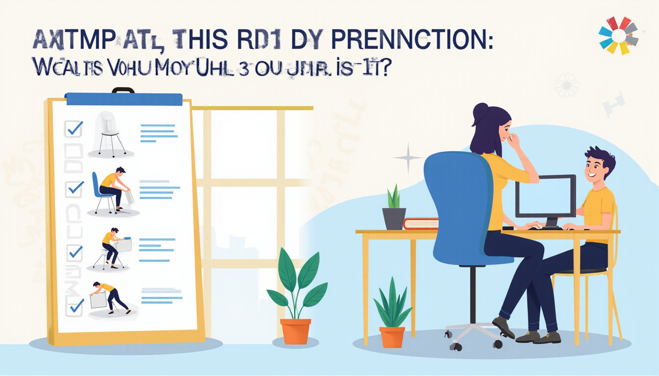 Infographic-style scene showing checklist, adjustable chair, lifting technique diagrams, prevention of workplace injuries