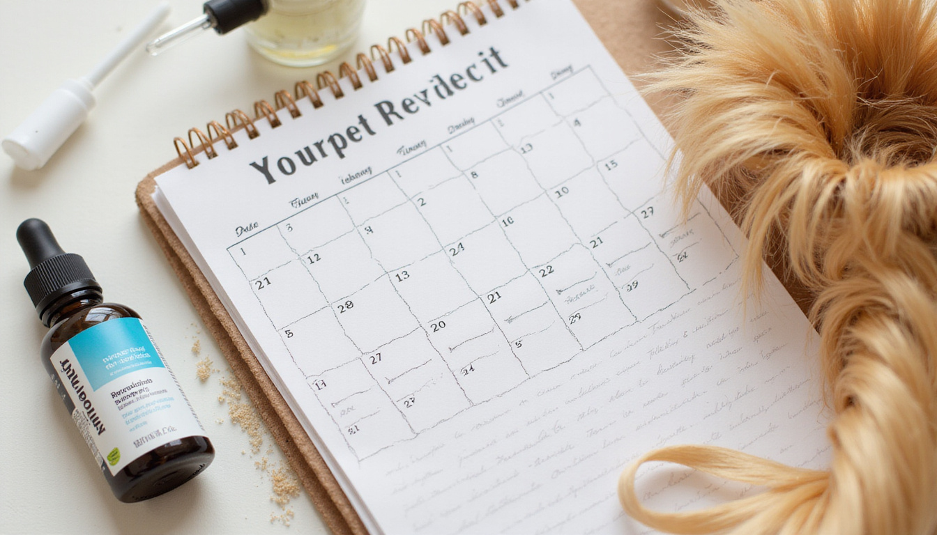  Photorealistic regimen flatlay: minoxidil bottle, dropper, calendar, dosing notes, healthy strands