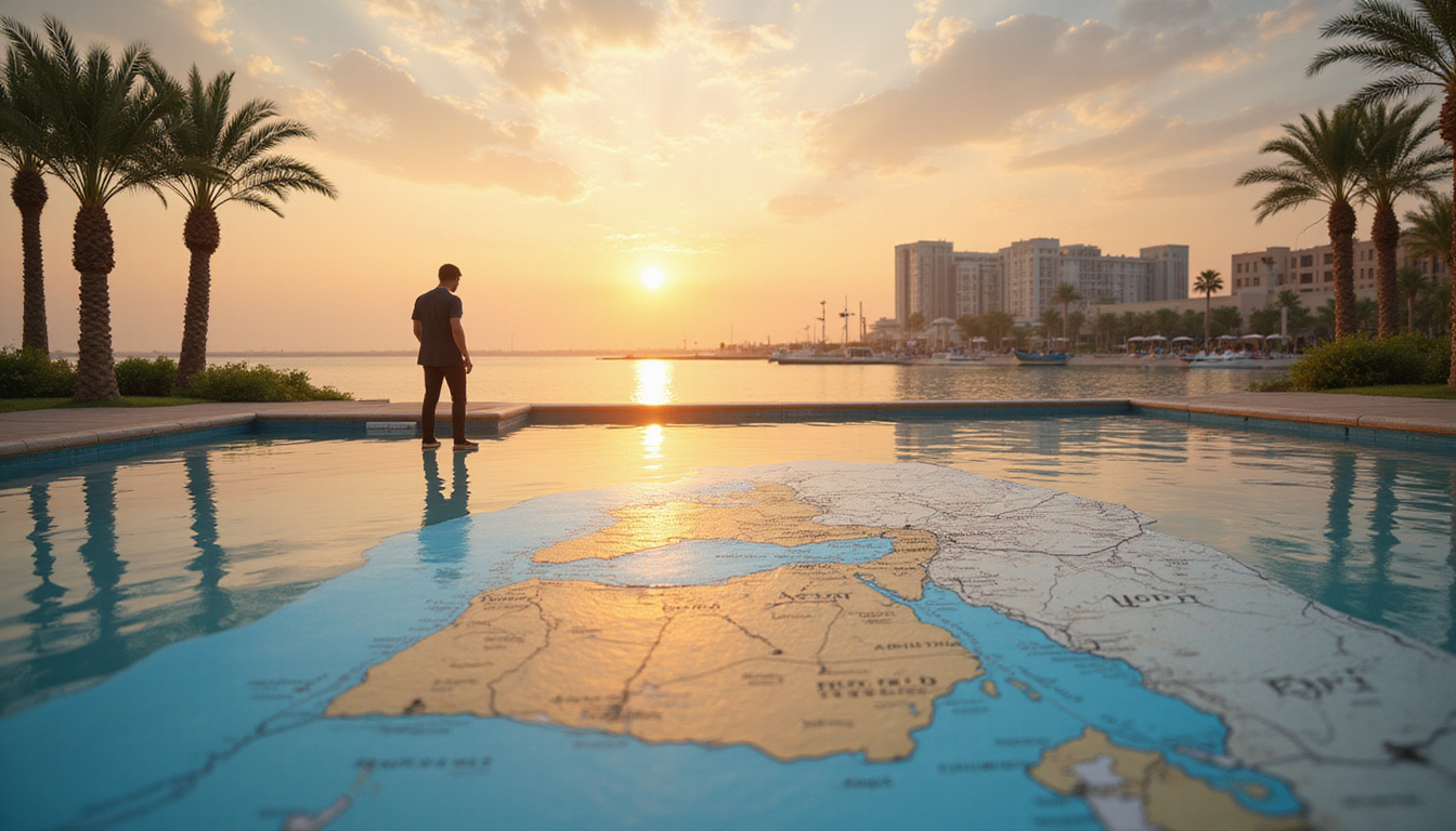 Investor studying Egypt map and blueprints, Nile reflection, modern coastal developments, palm trees