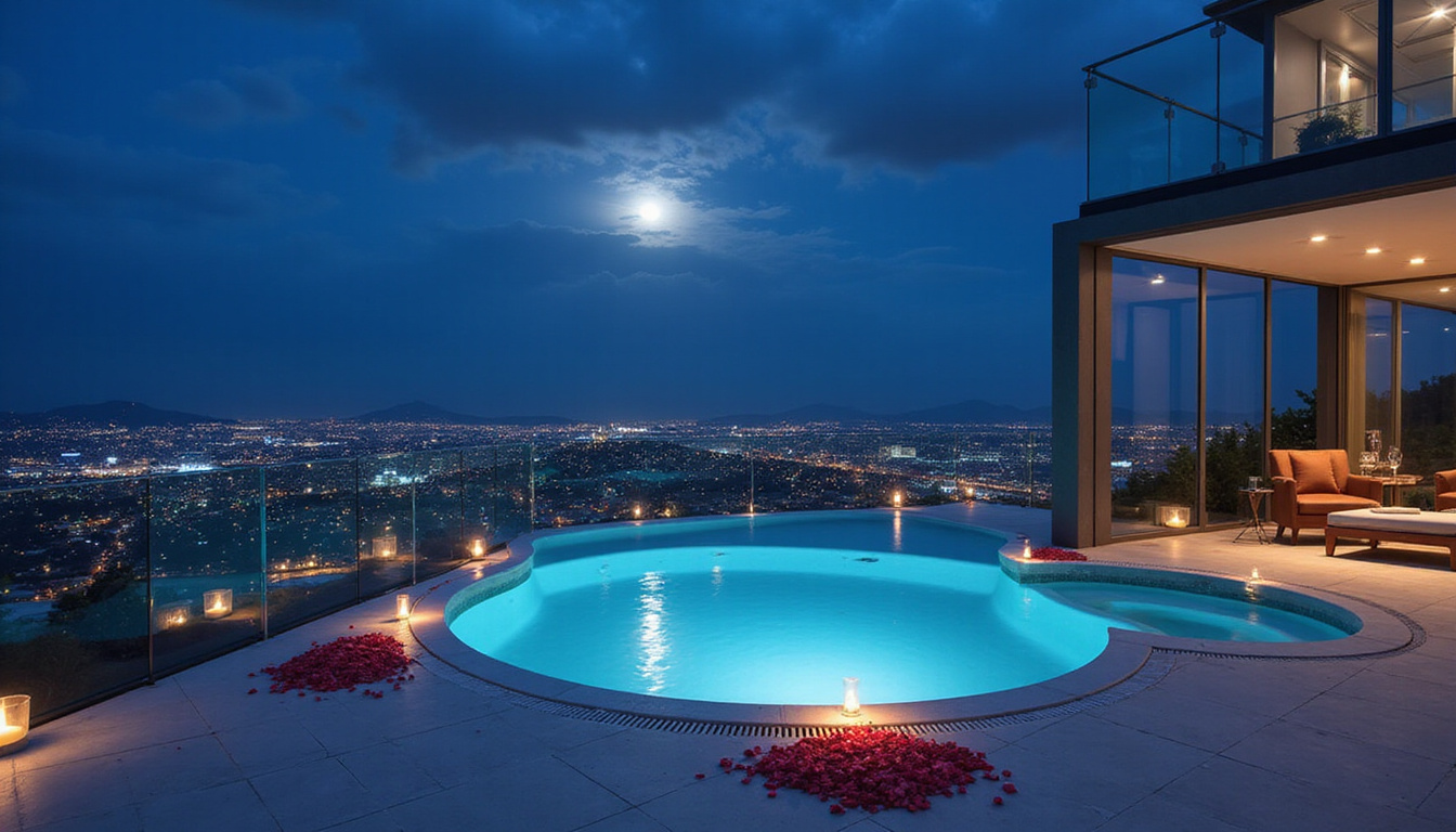Hilltop glass villa with moonlit private plunge pool, rose petals, champagne, twinkling city lights