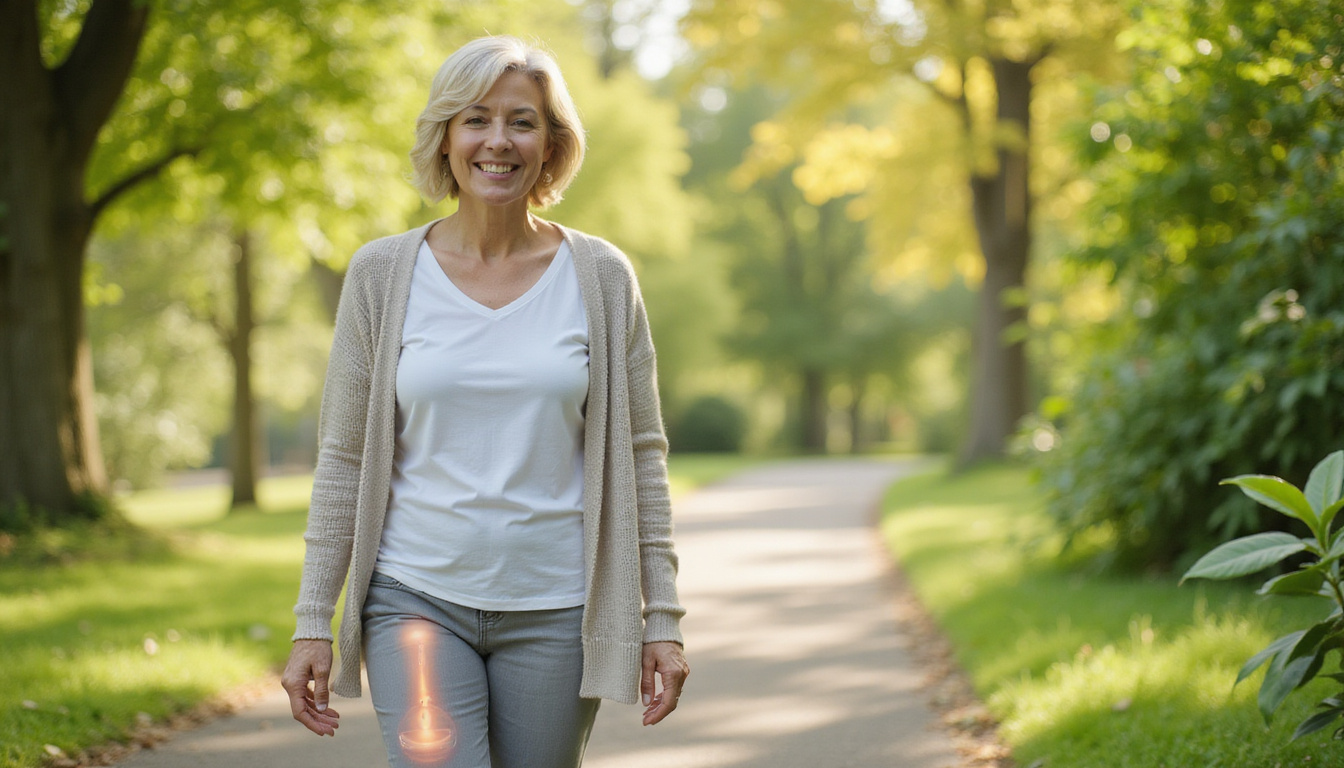  Serene outdoor scene: smiling older woman walking pain-free, translucent knee illustrating lubricating gel and green leaves