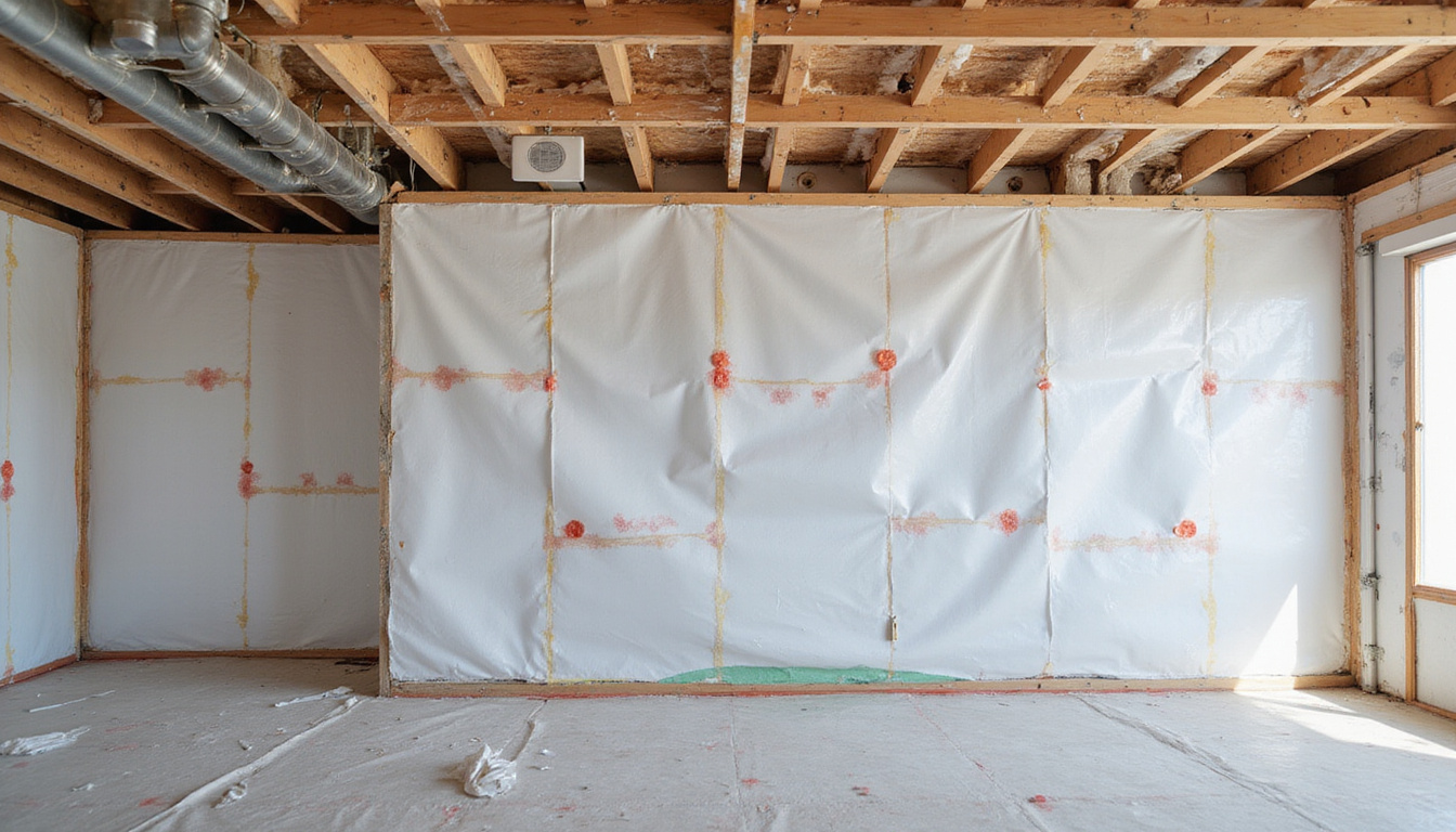  After repair: tightly sealed polyethylene vapor barrier, taped seams, clear ventilation, homeowner applying sealing tape