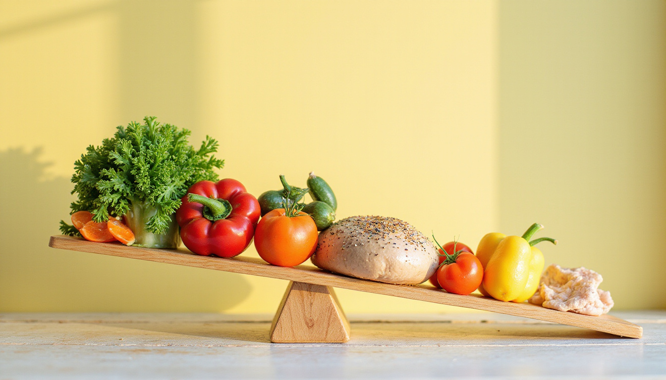 Fresh vegetables, lean proteins arranged on scale, blossoming hormones icons, sunrise weight transformation