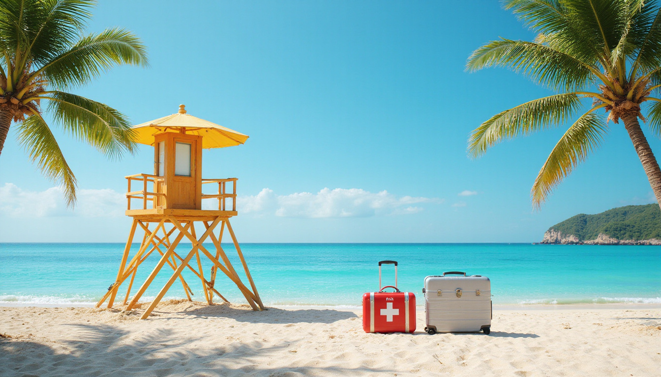  Beach scene with lifeguard tower, locked suitcase, first-aid kit visible, palm trees, calm turquoise sea