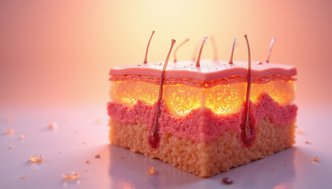  Cross-section skin barrier showing ceramide-rich lamellae, glowing hydrated epidermis, scientific annotations, soft lighting