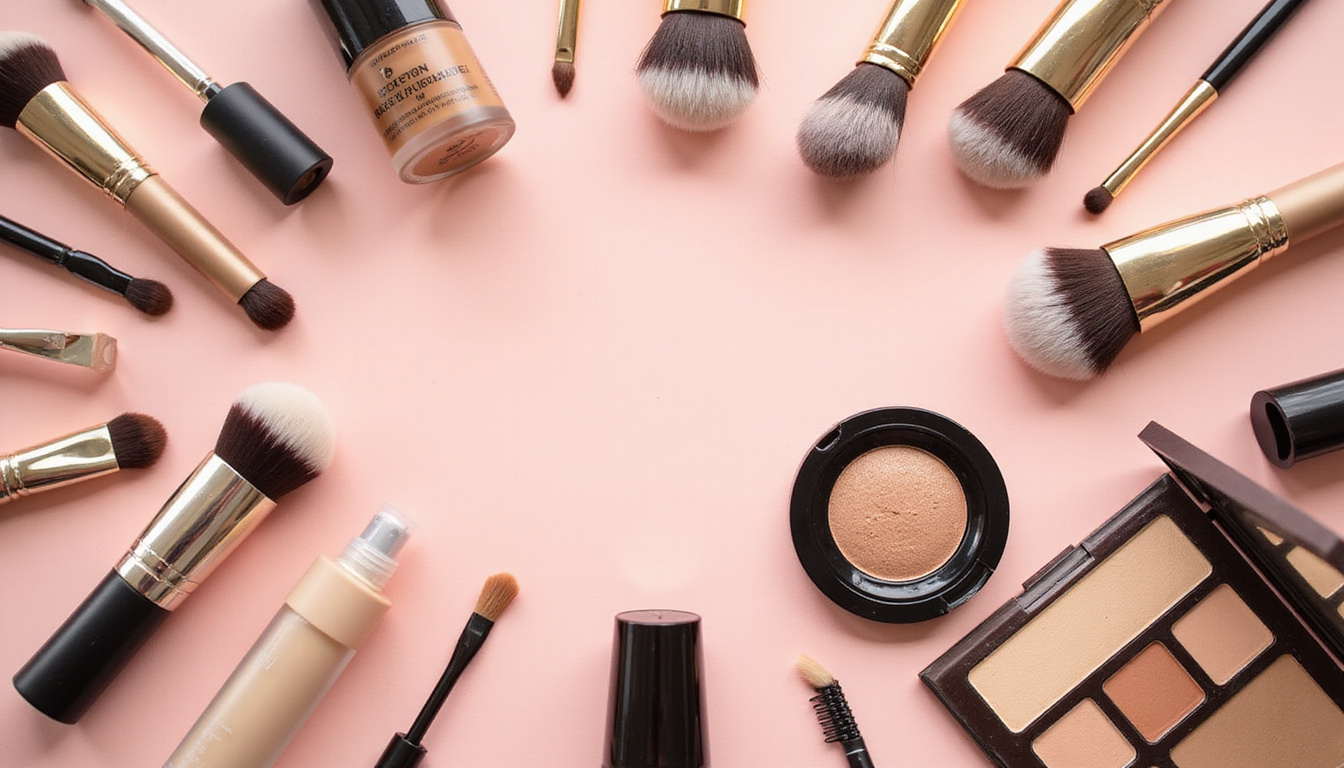  Flat lay of makeup essentials: brushes, cream foundation, setting spray, neutral palettes, golden glow