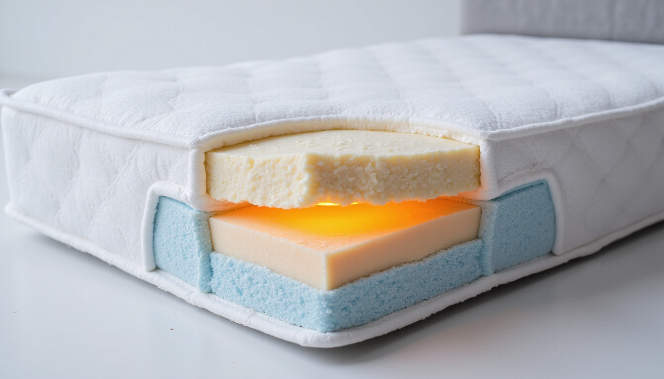 Cutaway cross-section mattress layers—memory foam, zoned coils—highlighted pressure relief under sciatic nerve