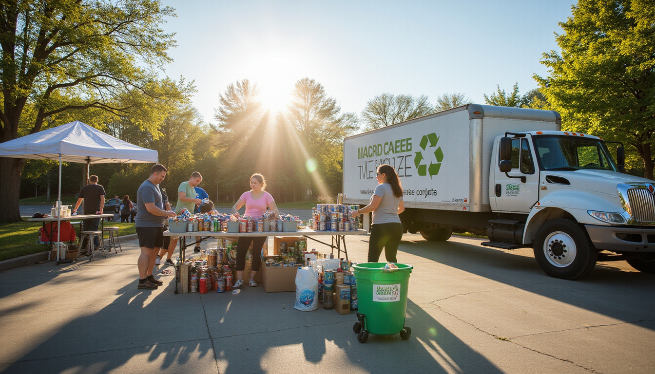 Sunlit community collection day: volunteers sorting cans, donation table, recycling truck, green signage