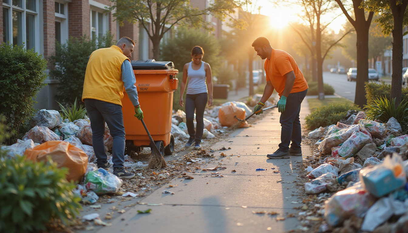 Fast affordable cleanup: smiling diverse crew clearing recyclable piles, tidy sidewalk, warm morning light