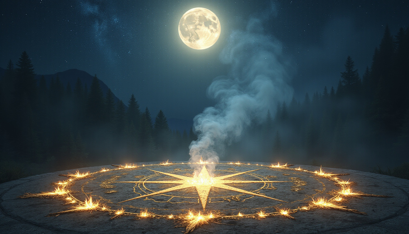 Hidden ritual circle revealed under moonlight, sigils radiating golden symbols, incense smoke