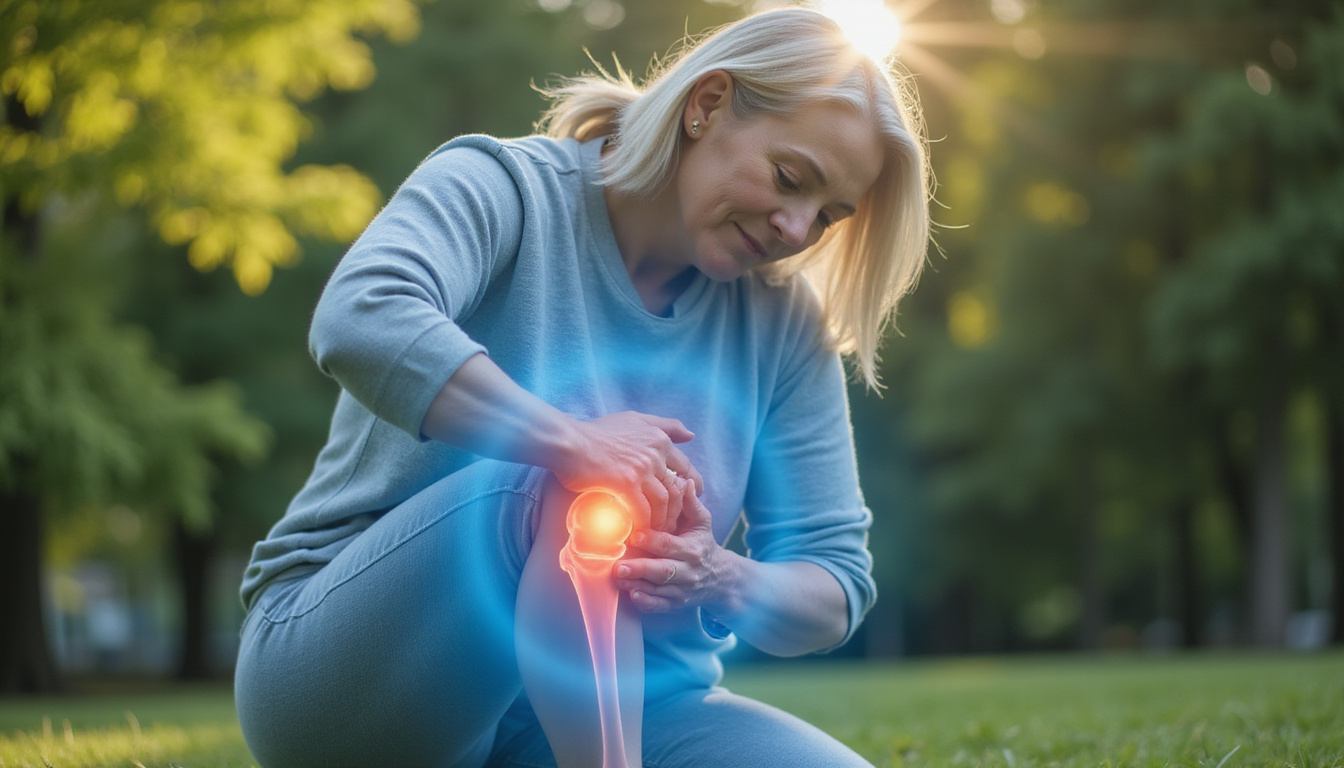  Elderly woman stretching outdoors, knee joint illustrated translucent, inflammation cooling into soothing blue light