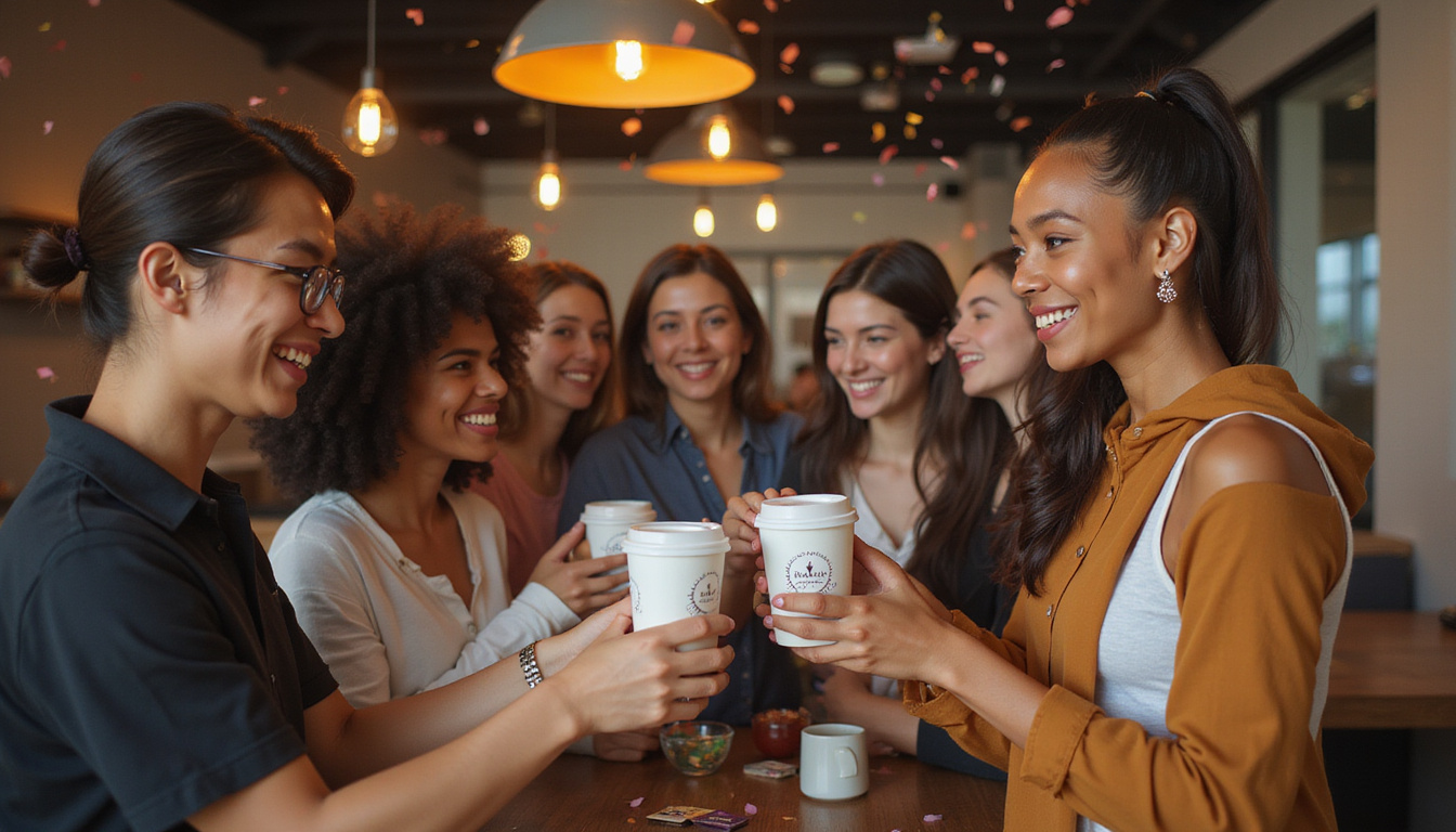 Diverse smiling customers exchanging branded coffee cups and loyalty cards under celebratory confetti, warm cinematic lighting