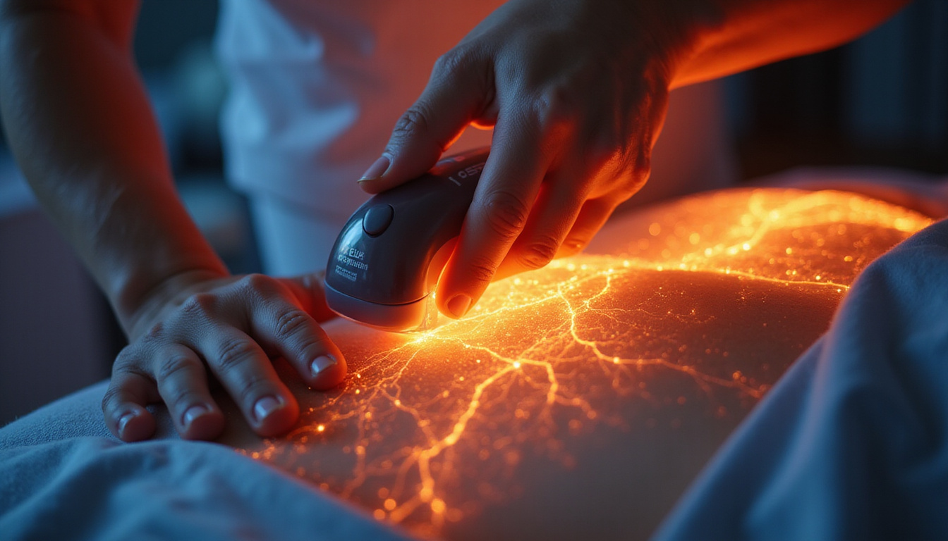 Physical therapist applying pulsed electromagnetic device, warm clinical light, glowing neural pathways, tranquil recovery