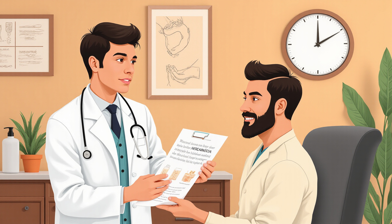  Doctor and patient reviewing illustrated hair restoration tips, botanical serums and scalp massage demonstration, warm clinic