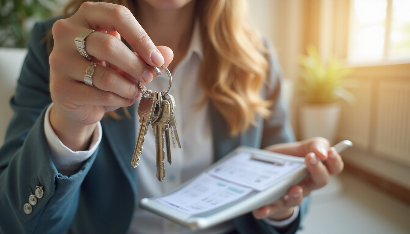  Real estate agent showing diverse couple keys, checklist, tablet with listings, warm natural light
