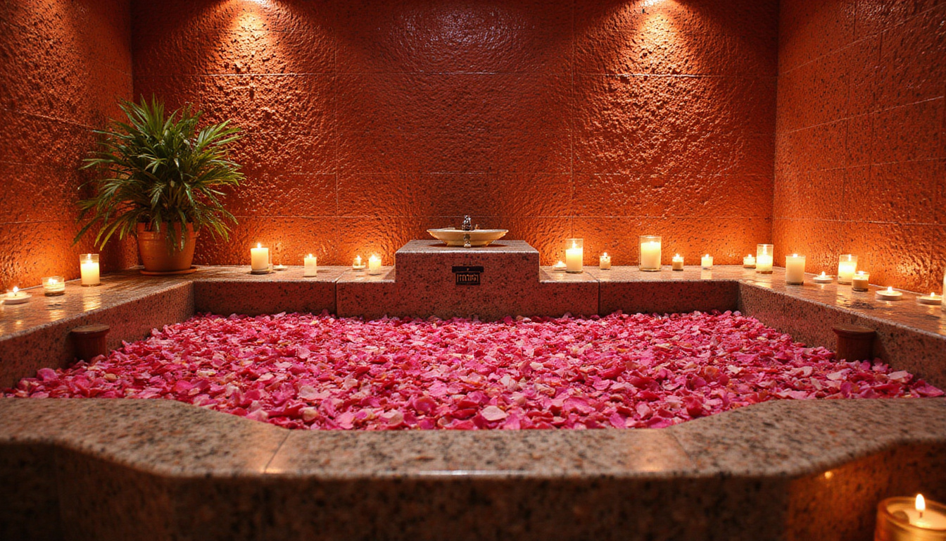  Opulent spa hammam with mosaic tiles, rose-petal bath, warm candlelight, aromatic oils