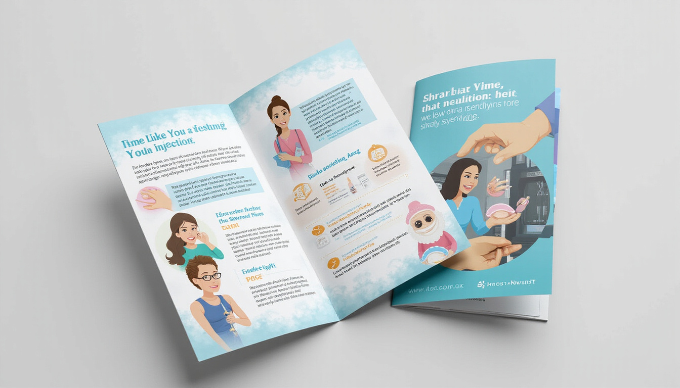  Illustration of informational brochure, step-by-step injection process, friendly staff, reassuring atmosphere, soft colors