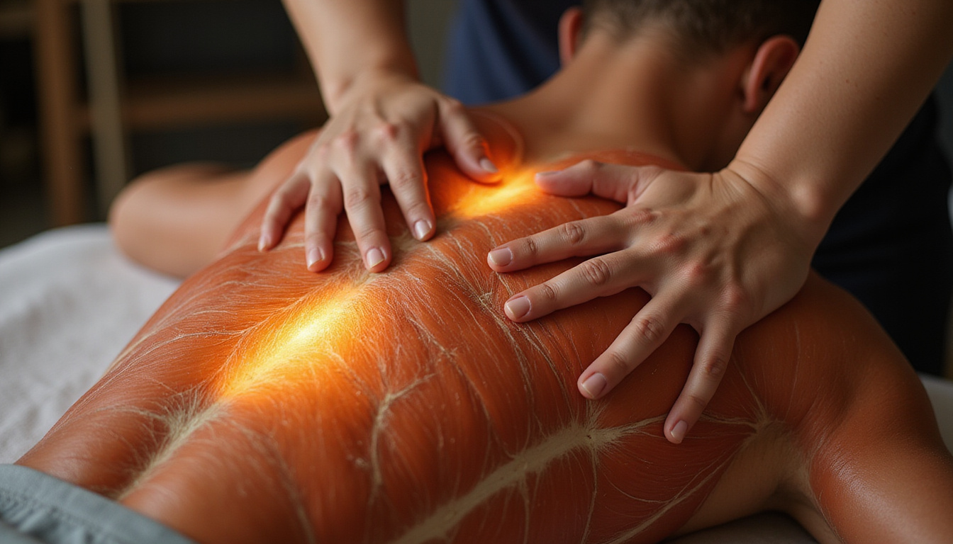  Hands performing deep myofascial release on back, warm light, detailed muscle and connective tissue