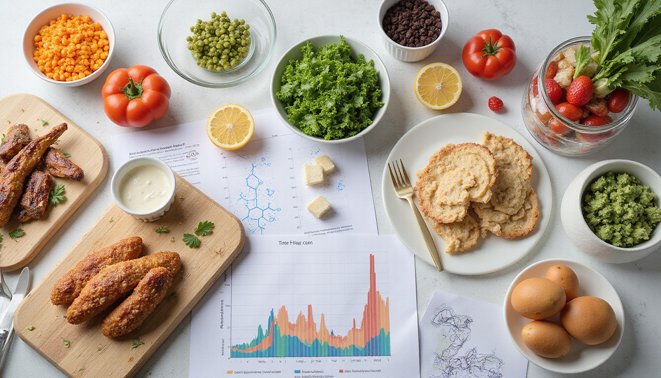  Scientific meal montage, protein and fiber foods arranged with charts, scales, molecular diagrams, clinical lighting