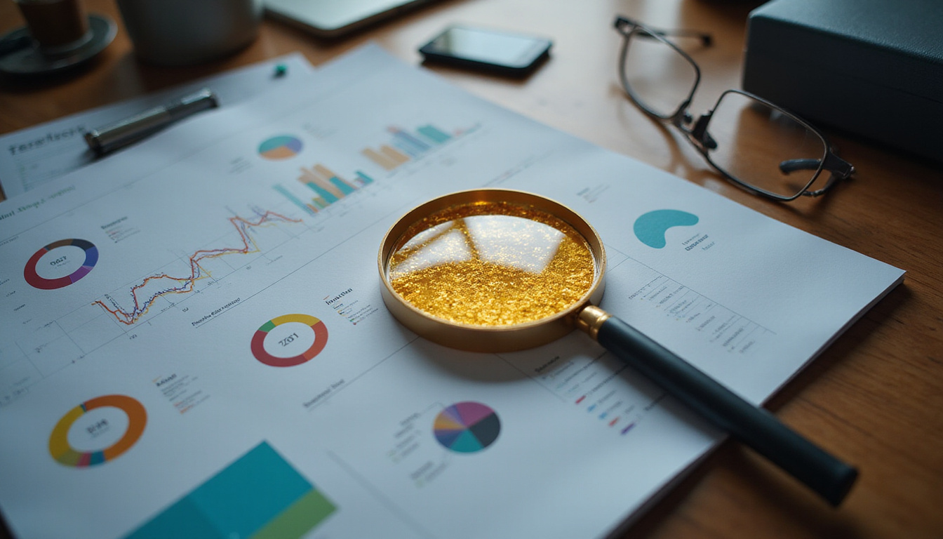 Minimalist workspace with layered dashboards, magnifying glass revealing golden insight, soft cinematic lighting