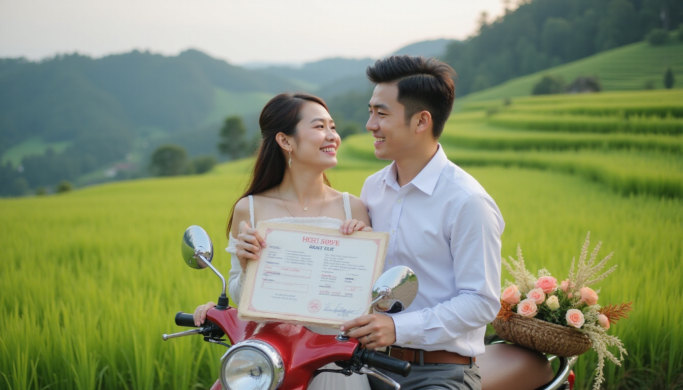  Smiling couple holding marriage permit on motorbike, rice terrace, low-cost rustic decorations
