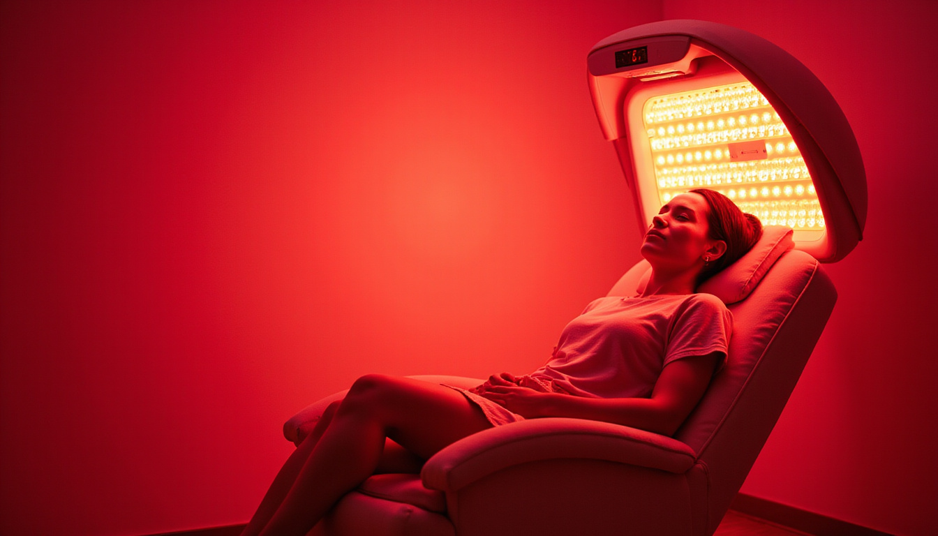  Relaxing luxury treatment, patient reclined under warm red and near-infrared LED canopy, plush velvet chair