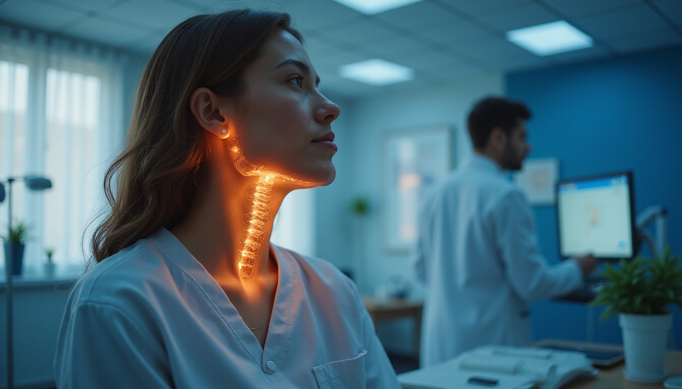 Patient exhaling relief as regenerative therapy light heals spinal disc, futuristic clinic, hopeful atmosphere