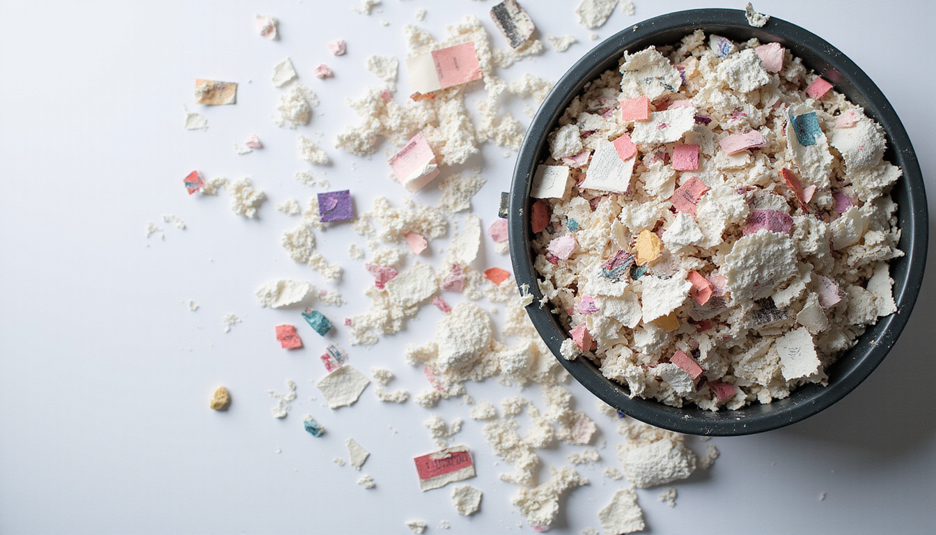  Top-down view of shredded paper confetti revealing fragments of personal information, locked bin photorealistic
