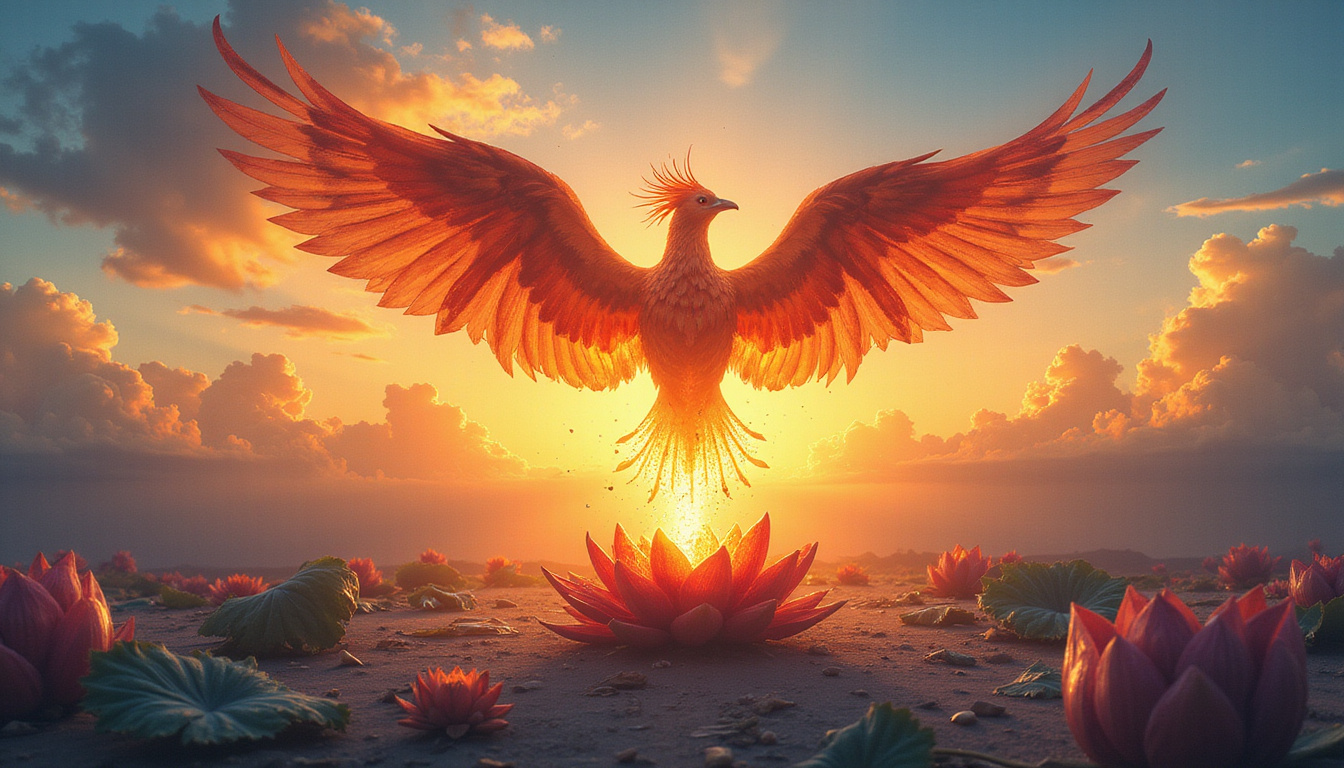  phoenix rising from shattered heart, lotus, compass, healing light, hopeful horizon