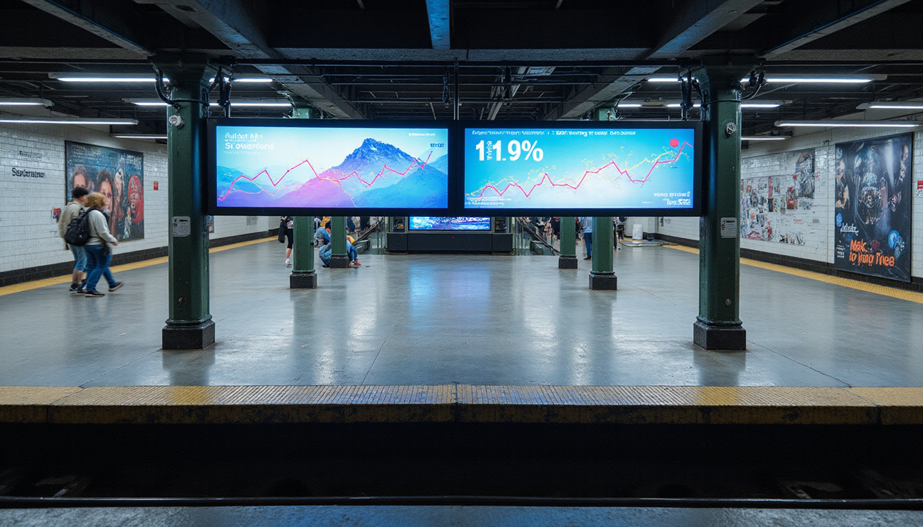  Overhead subway station panorama with integrated digital ads, analytics overlays, rising sales graphs, vibrant energy