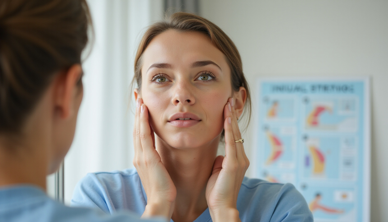  Patient performing jaw stretching exercises in mirror, relaxed expression, instructional diagram, warm natural light