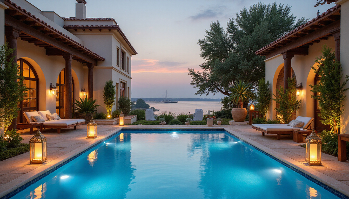  Opulent riverside villa courtyard with infinity pool, lanterns, lush gardens, felucca passing