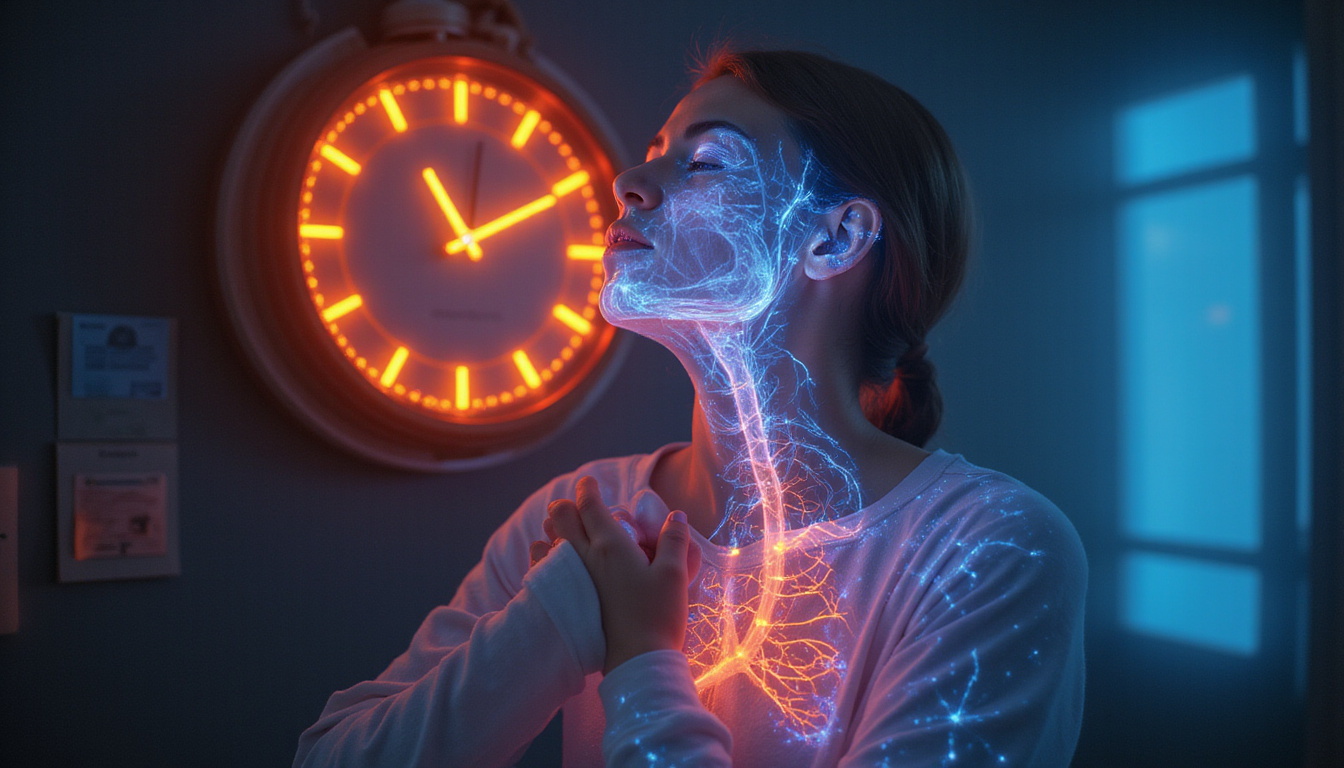  Patient exhaling relief under a translucent timer, medical charts, neural pathways, warm cinematic lighting